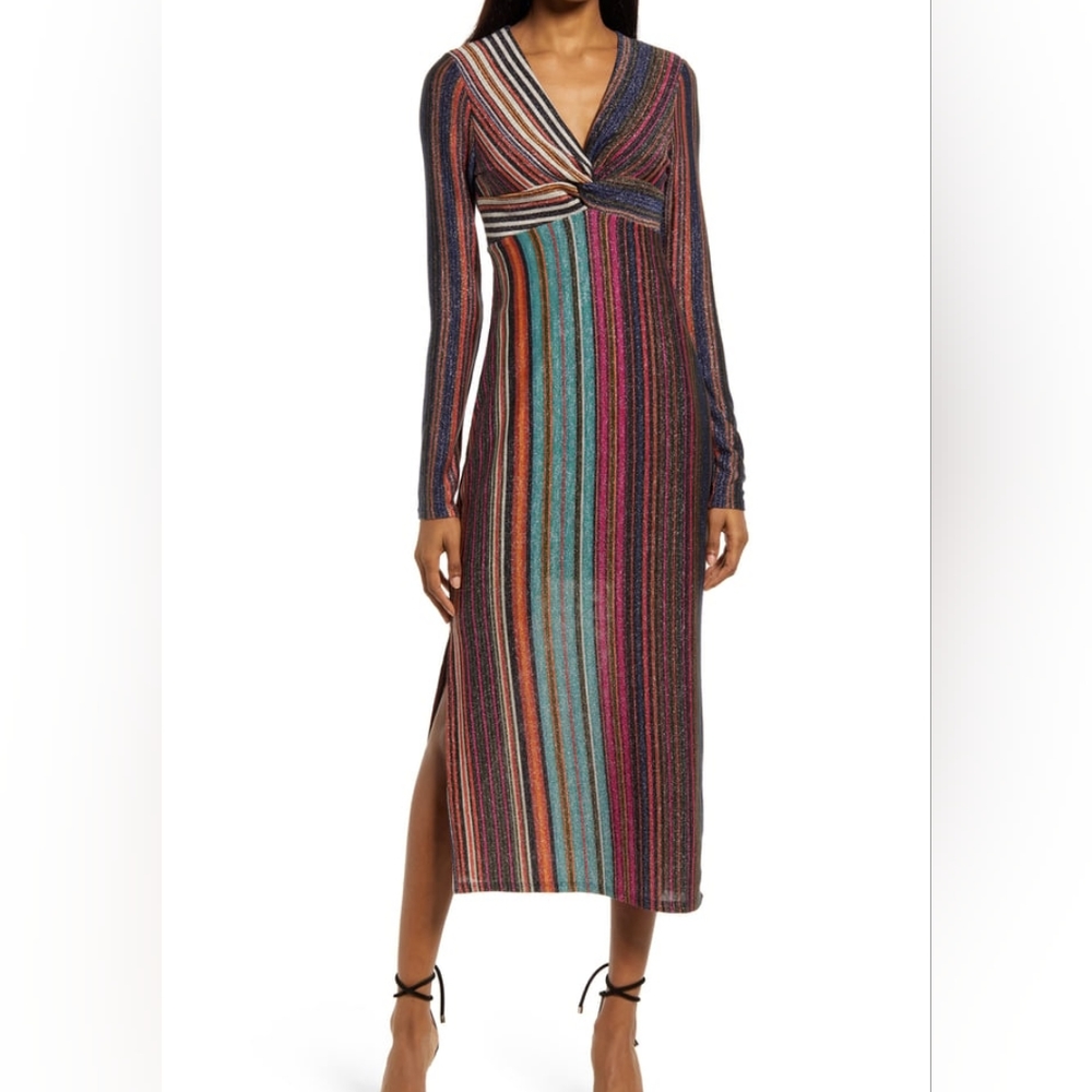 CHELSEA28 Twist Front Sparkle Stripe Midi Cocktail Dress